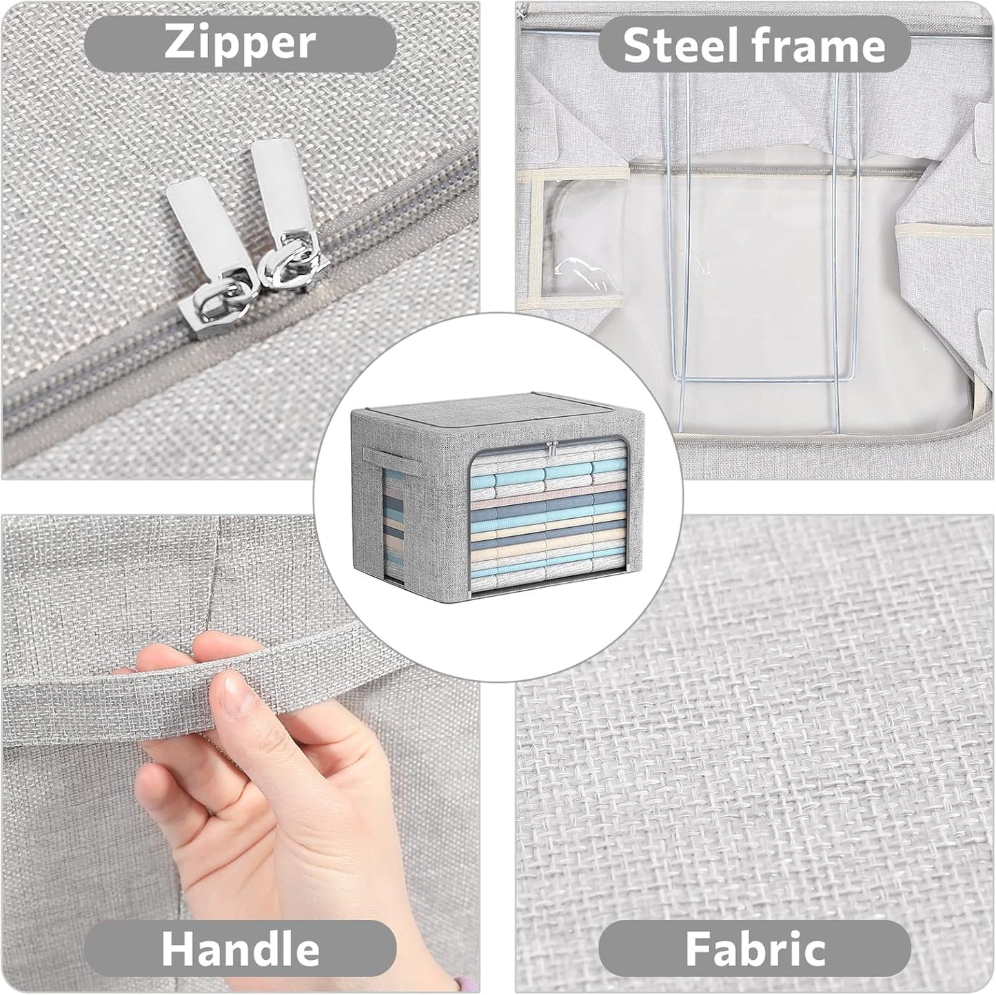 FHSQX 2 Pack Clear Window Storage Bins - Large Stackable Linen Fabric Storage for Clothes Foldable Container Organizer Set with Carrying Handles (Light Gray, 15.7x 11.8x 11.7 Inch)