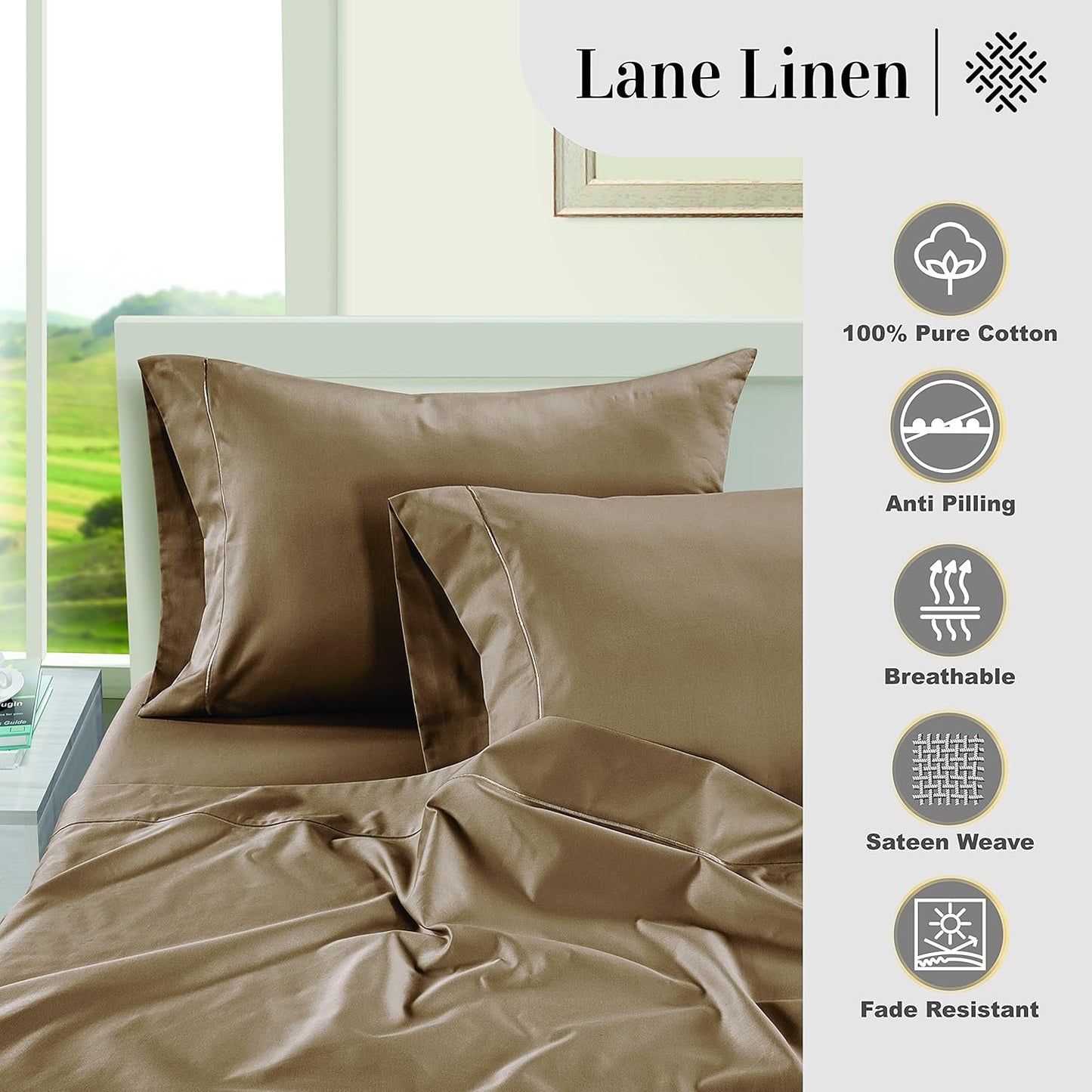 LANE LINEN Pillows Standard Size Set of 2, Soft 100% Egyptian Cotton Sateen, 1000 Thread Count, Cool & Smooth Pillowcases Queen - Taupe