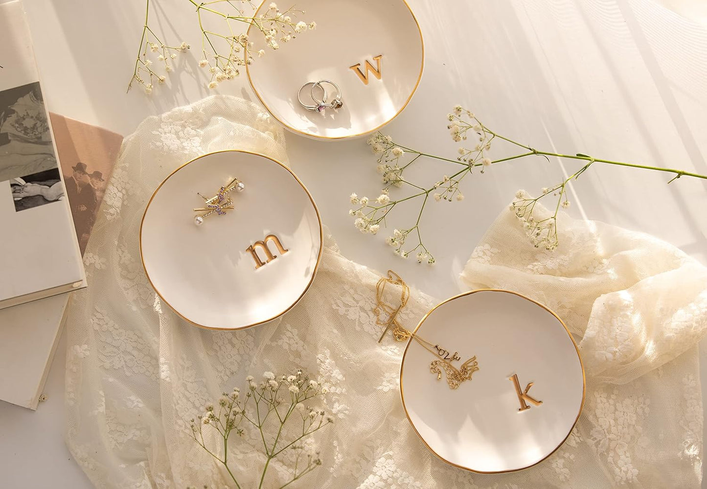 COLLECTIVE HOME - Ceramic Jewelry Tray, Decorative Trinket Dish for Rings Earrings Necklaces Bracelet Watch Keys, Birthday Mother's Day Christmas Gift for Women, 4.75", White Surface (G)