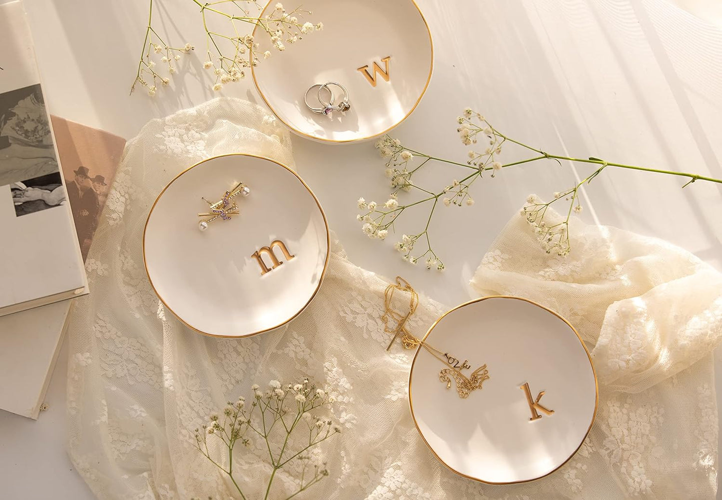 COLLECTIVE HOME - Ceramic Jewelry Tray, Decorative Trinket Dish for Rings Earrings Necklaces Bracelet Watch Keys, Birthday Mother's Day Christmas Gift for Women, 4.75", White Surface (N)