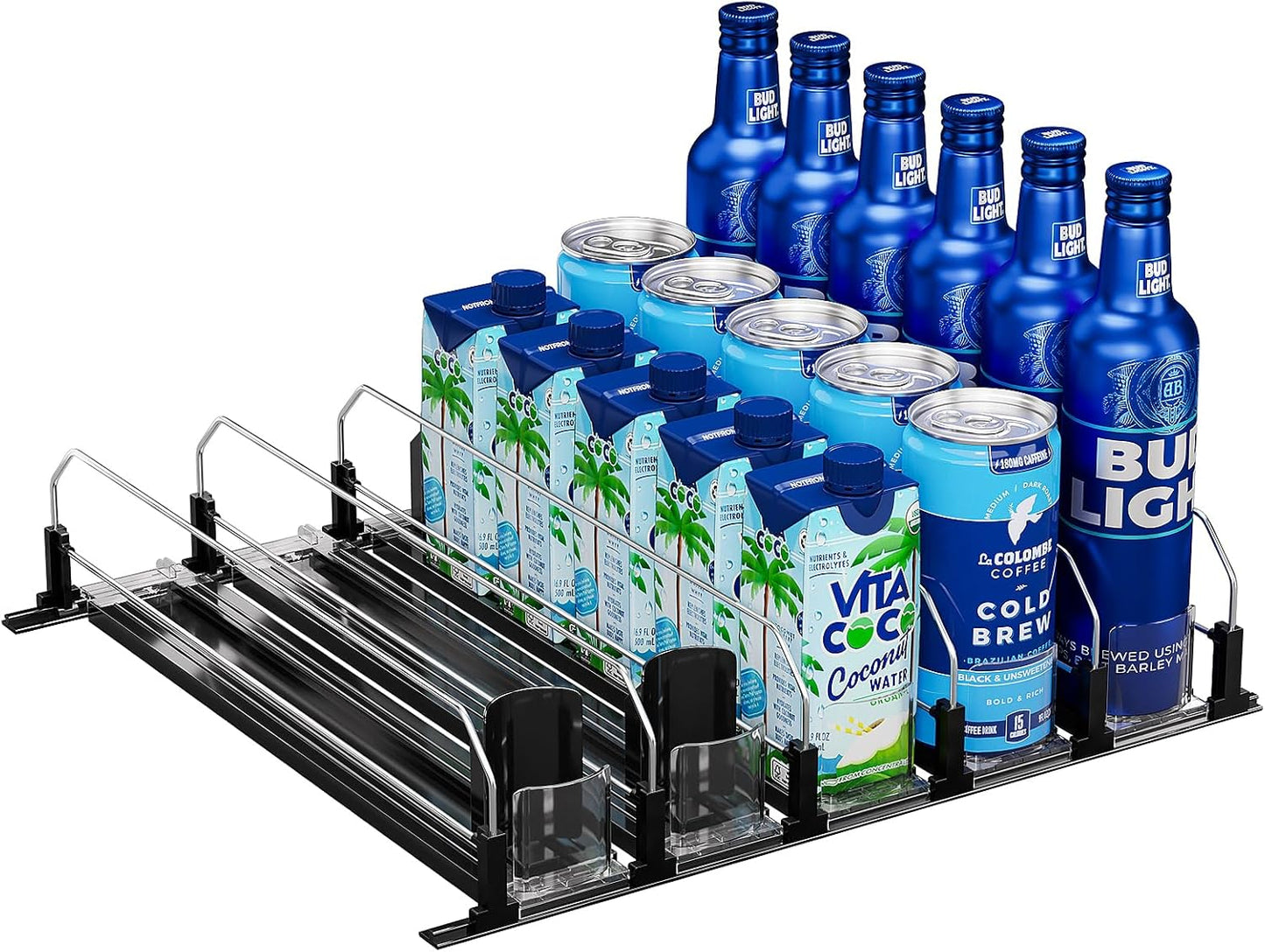 Puricon Drink Organizer for Fridge Pusher Glide, Spring Loaded Fridge Drink Dispenser, Self Pushing Soda Can Organizer for Refrigerator, Beer Bottle Beverage Organizer Drink Holder -5 Rows, Black