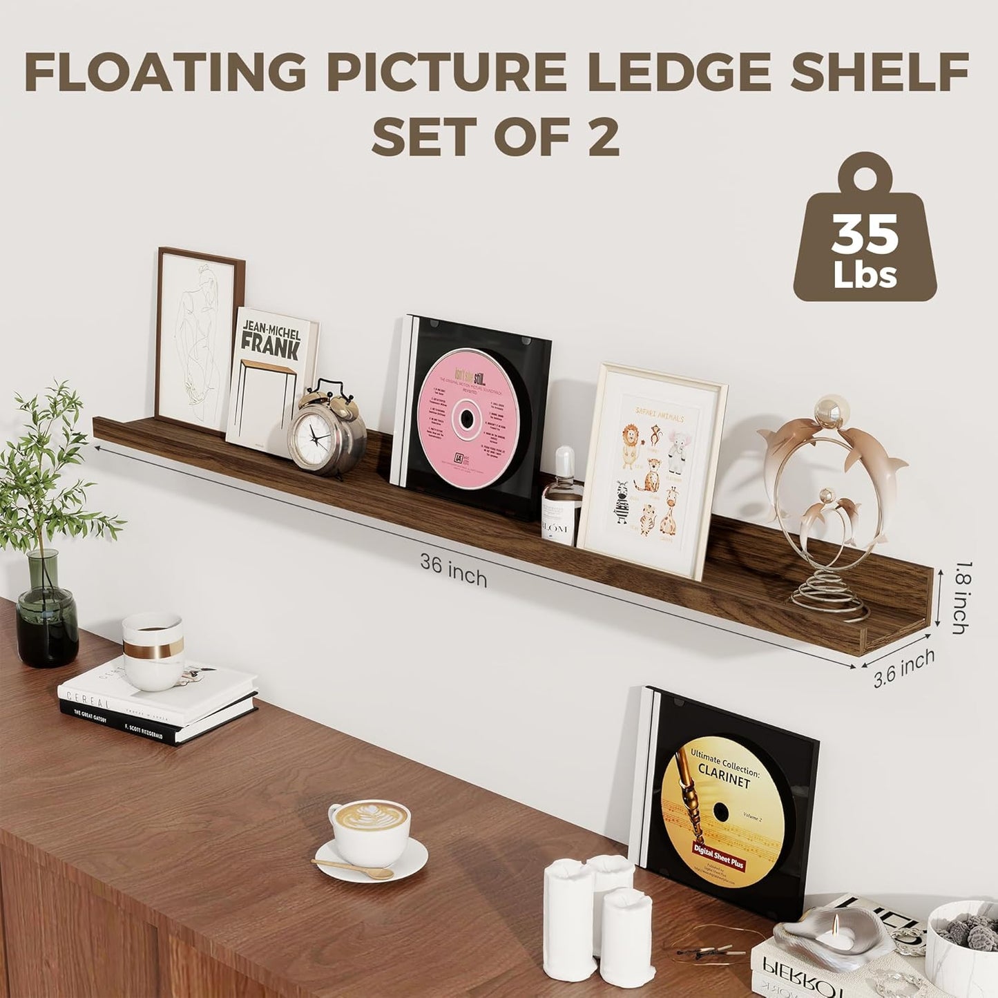 Axeman Floating Shelves for Wall - Picture Ledge Shelf Set of 2-36 Inch Floating Shelves with Lip - Walnut Picture Shelf for Wall with Ledge - Photo Ledge Shelves for Pictures Nursery Books