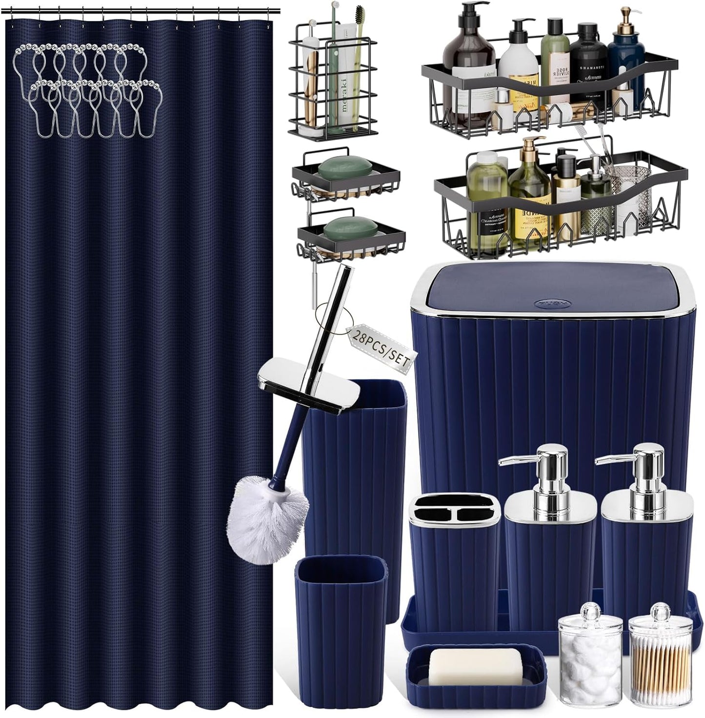 28PC Bathroom Set - Gorgeous Blue Bathroom Set, Bathroom Accessory Set, Blue Shower Curtain Set with 5PC Shower Organizer