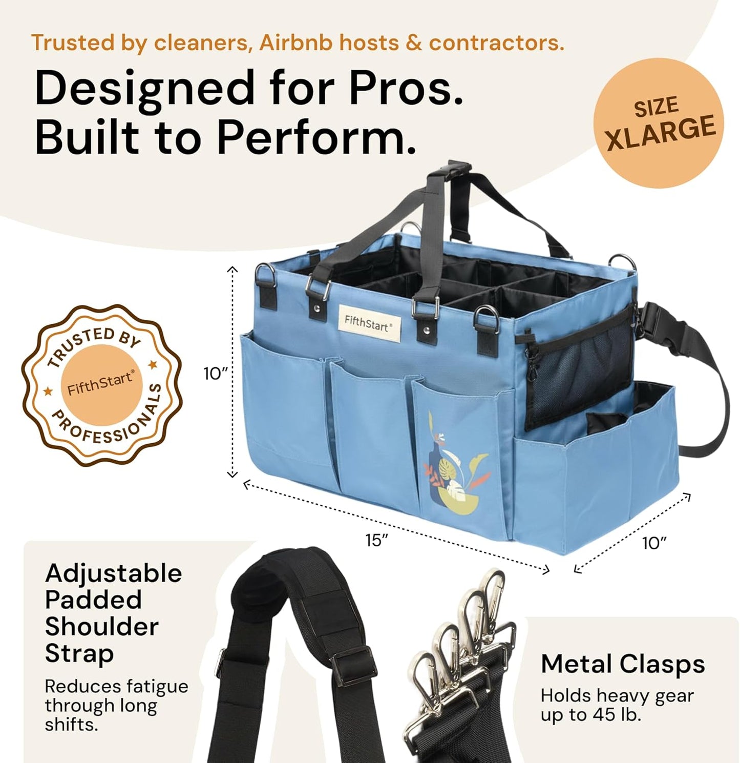FifthStart Multiuse Organizer Bag - X-Large, Blue - 9 Pockets & Mesh Base for Cleaning Supply Organizer - Adjustable Waist & Shoulder Straps for Cleaning Caddy - Use as Housekeeping Caddy