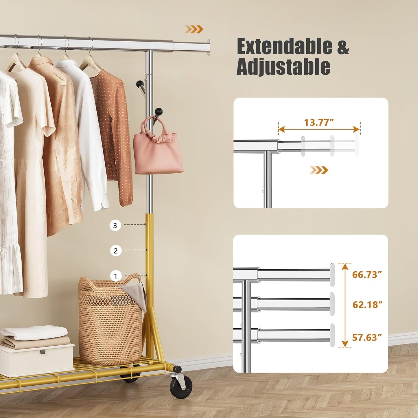 Rolling Clothes Rack Load 530lbs,Heavy Duty Garment Rack With Sturdy Wheel And Shelves, Adjustable Portable Hanging Rack For Clothes, Stainless Steel, Gold