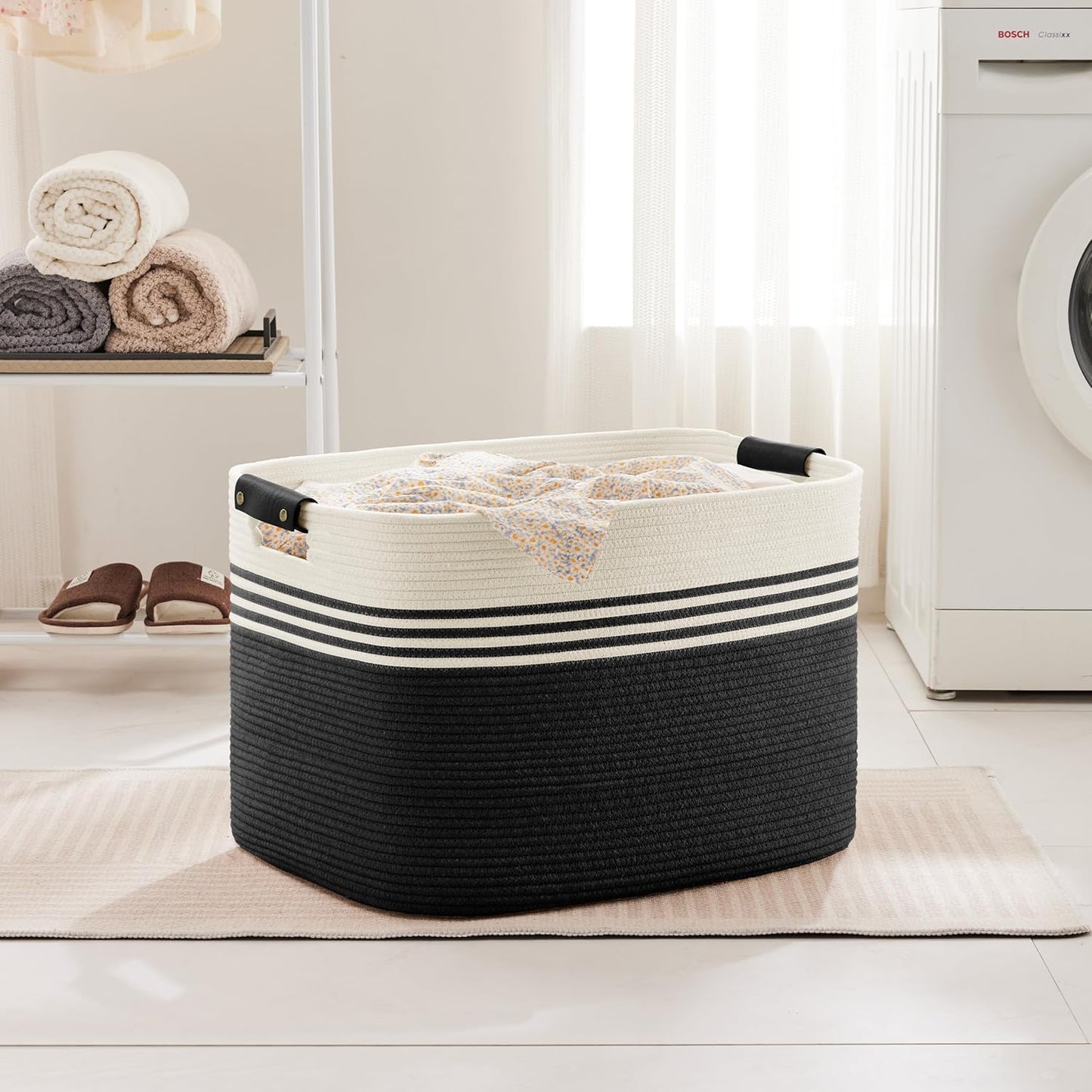100L Extra Large Laundry Basket with Leather Handles for Living Room Storage, Woven Rope Baskets for Blanket, Kids Toy, Gifts, Wicker Hamper for Bedroom Dirty Clothes, 24"x16"x16" White Black