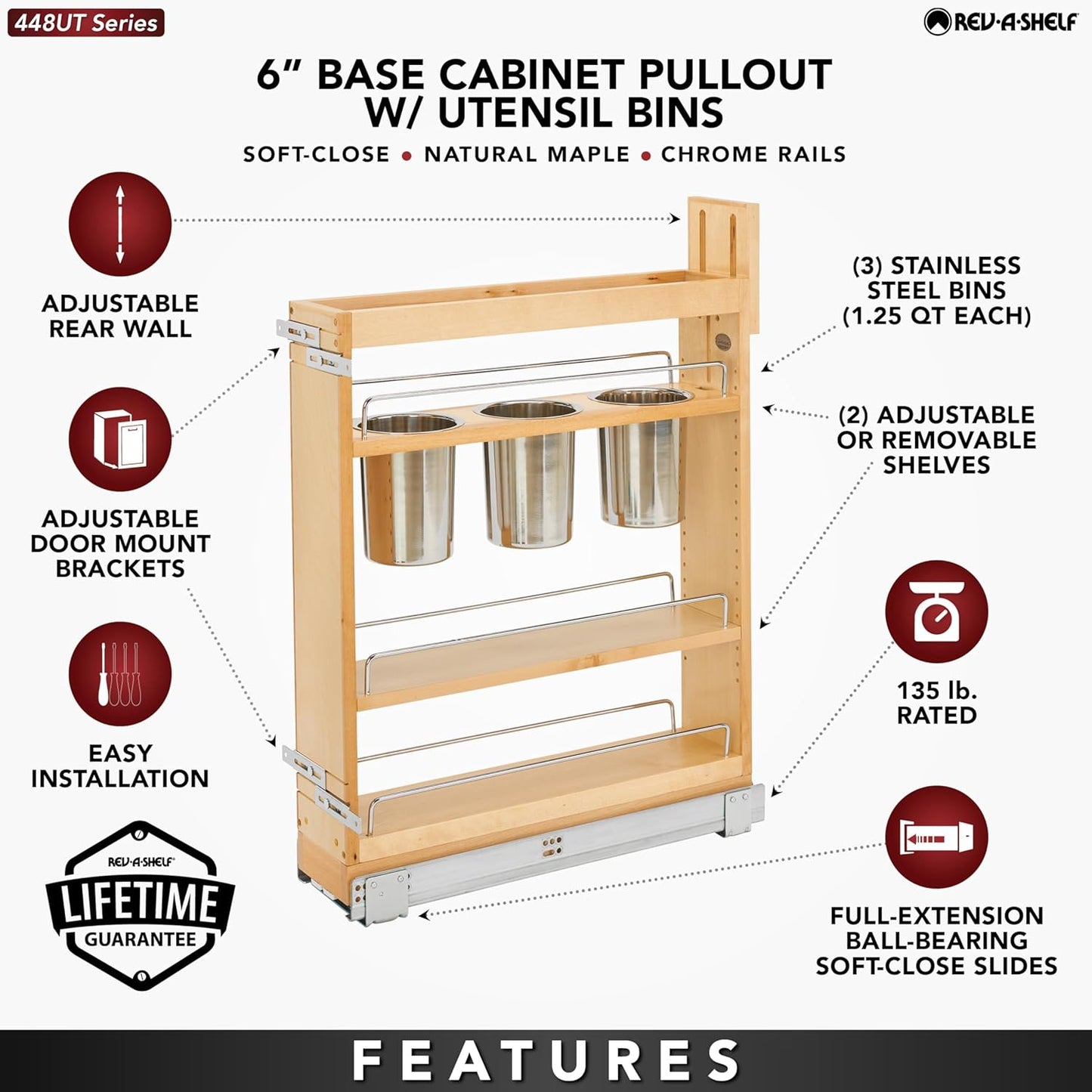 Rev-A-Shelf 5" Pull Out Storage Organizer for Base Kitchen w/ Soft-Close, Sliding Shelves for Utilities, Utensils or Spices, 448UT-BCSC-5C