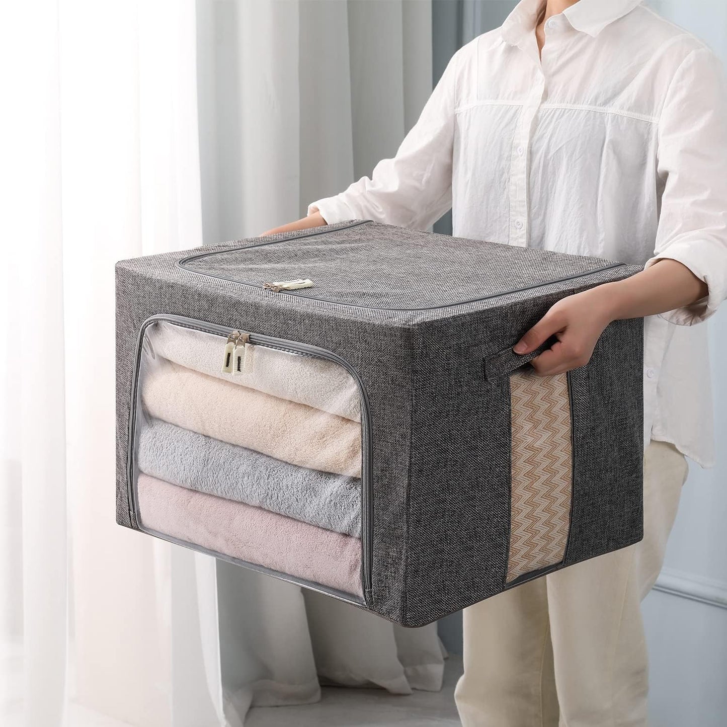 CYhom 3Pack Foldable Storage Bins - Frame Storage Box Linen Fabric Stackable Clothes Container Organizer with Clear Window & Carry Handles Large Capacity (Large-66L, Dark Gray)