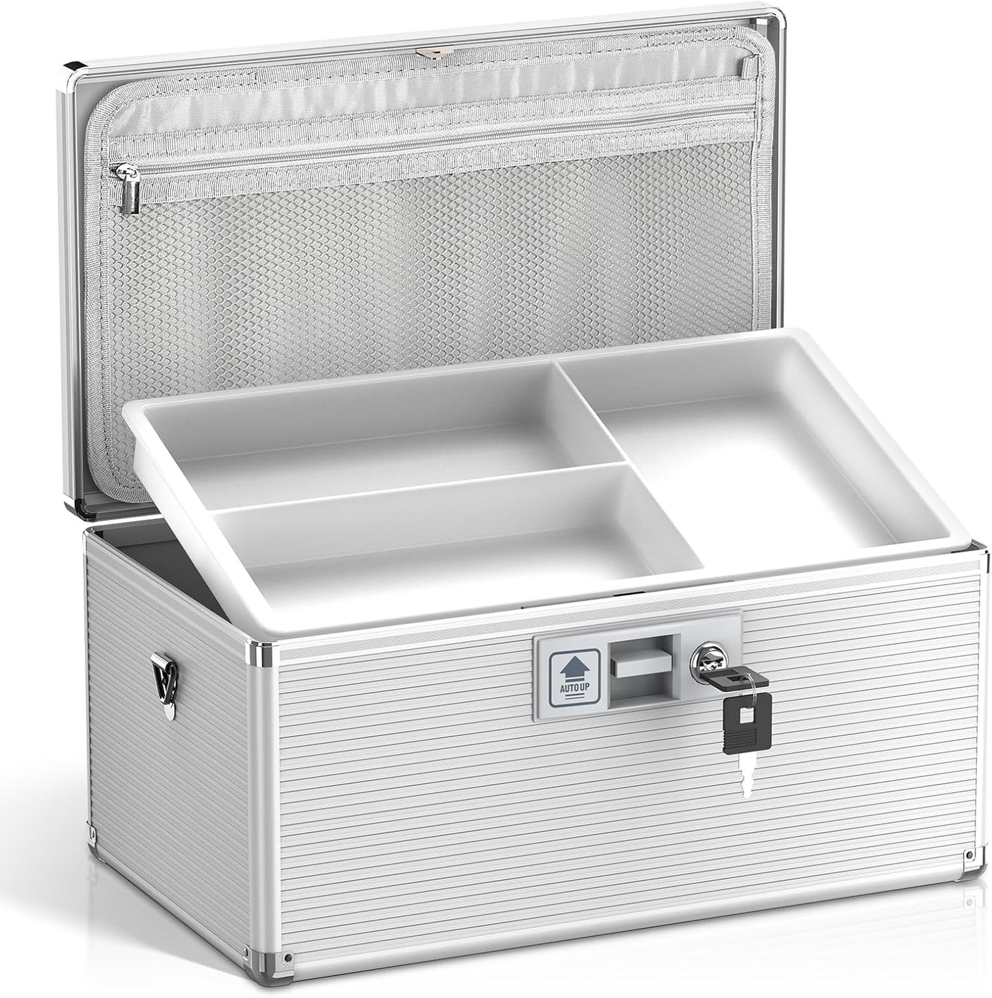 Medicine Lock Box with Key, Alluminum Alloy Box for Medication,First Aid Box with a Removeable Tray to Store Medicines & Pills for Home, Silver, 16 * 9.25 * 7.48 Inch