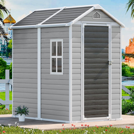 CDCASA 6x4 FT Resin Shed, Waterproof Outdoor Small Storage Shed with Floor & Lockable Door & Window & Vents, Plastic Tool Shed for Outside, Patio, Poolside, Grey