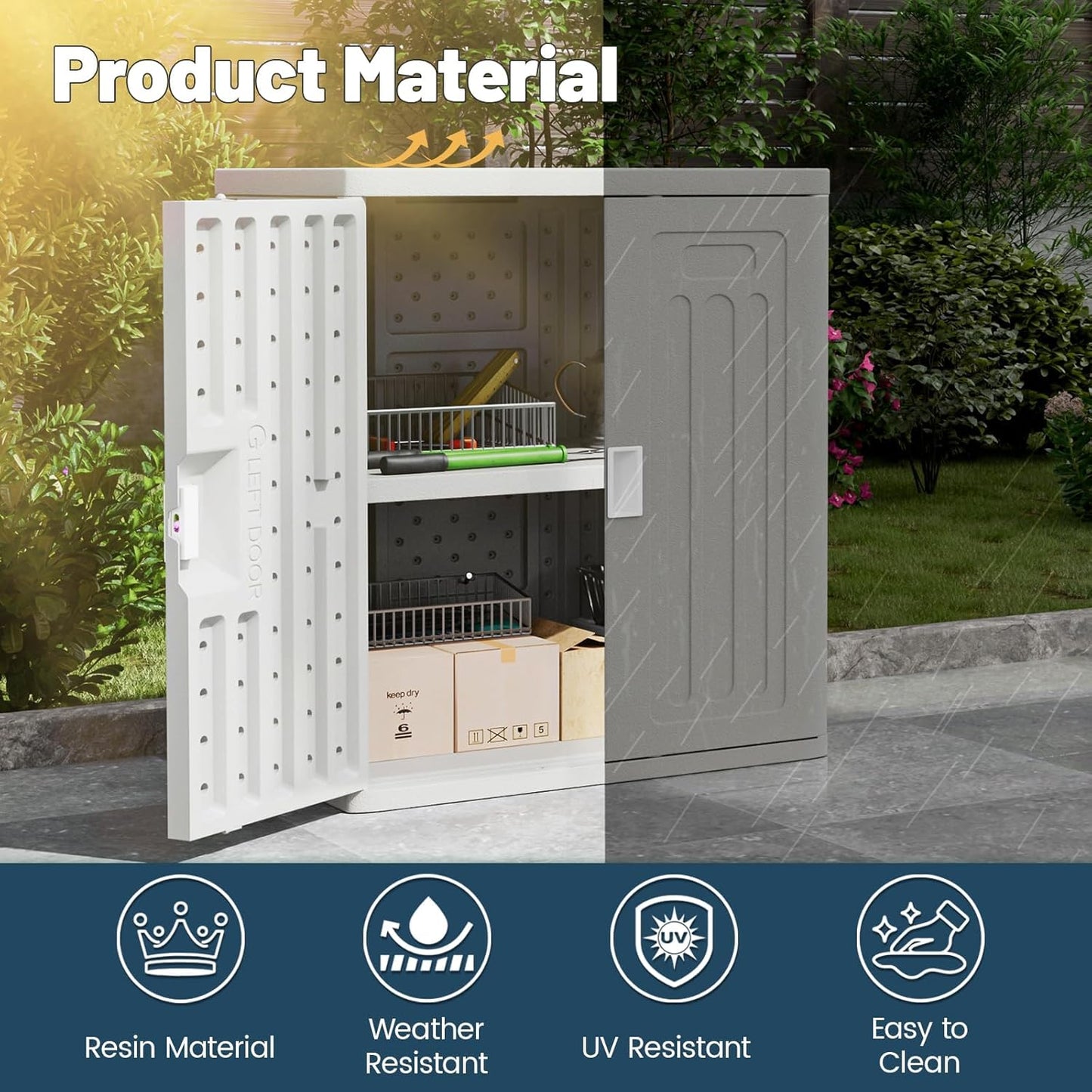 Amopatio Outdoor Storage Cabinet Waterproof with 1 Shelf, Patio Storage Shed All Weather Use for Lawn Care Accessories, 19.7" D x 29.5" W x35.4 H, Gray