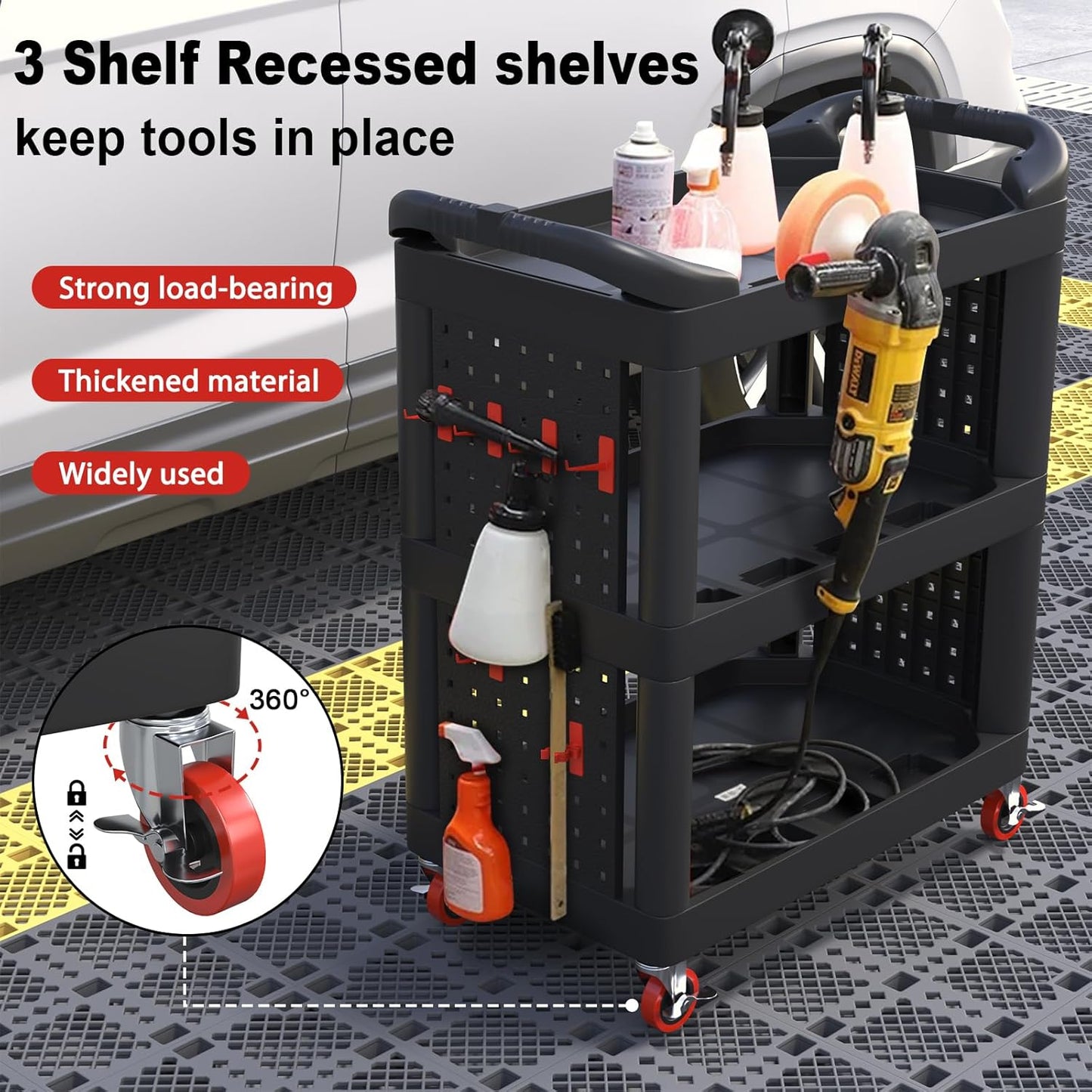 3 Tier Car Detailing Cart, Auto Detail Trolley with Wheels, Side Hanging Plate & Hooks, Detailing Tool Organizer for Mechanics & Detailers (Black)