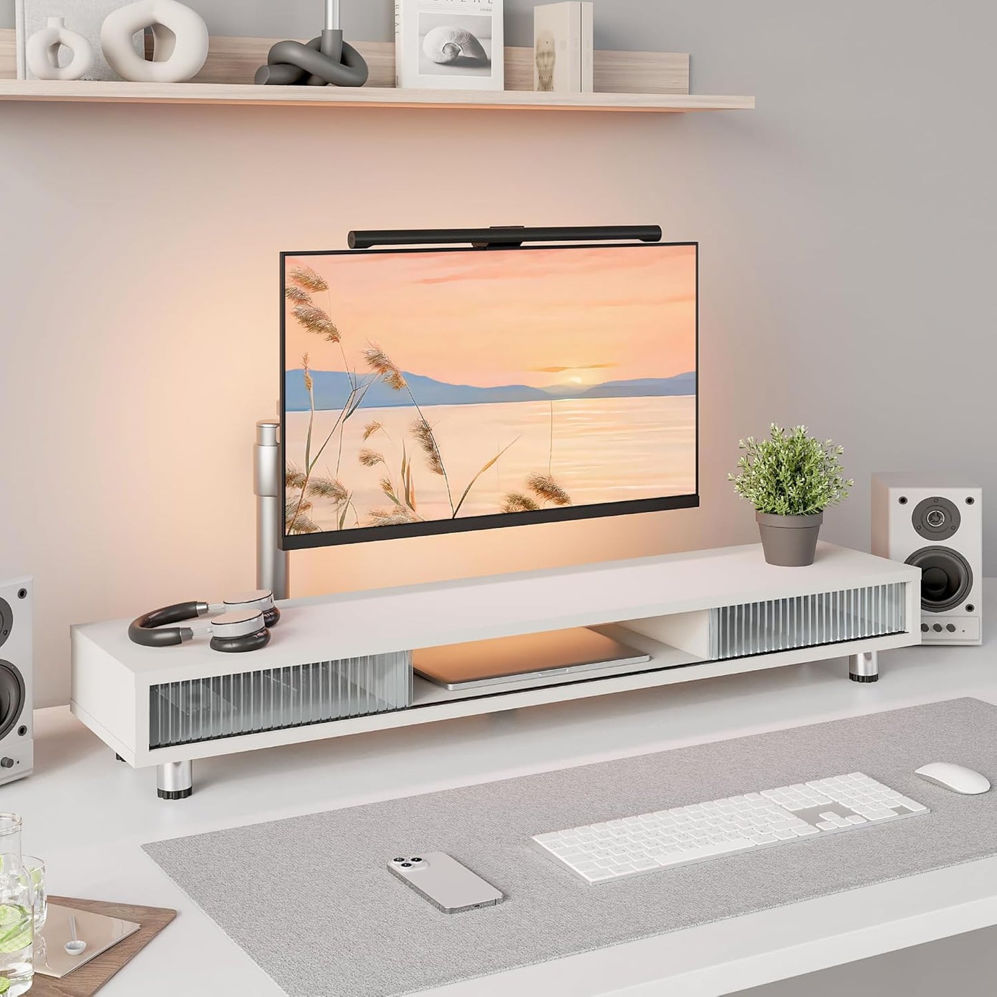 Fenge Dual Monitor Stand, 42.5inch Long Monitor Stands Riser for 2 Monitors, Sliding Door with Storage Organizer Stand for Desk, 2 Tier Desk Shelf for Laptop, Pc, Printer, Computer, TV