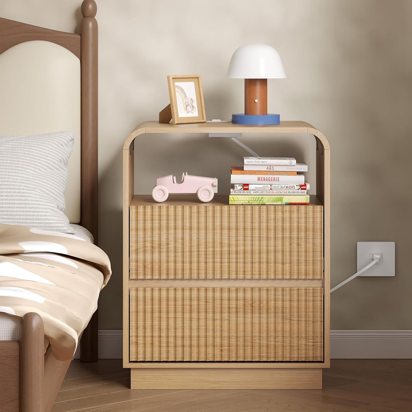 Dresser with 2 Drawers and Charging Station, Fluted Bedside Table with Round Curved Corner, Hidden Handles, 2 AC Outlets and 2 USB Ports, Modern Wood End Table with Open Shelf for Bedroom