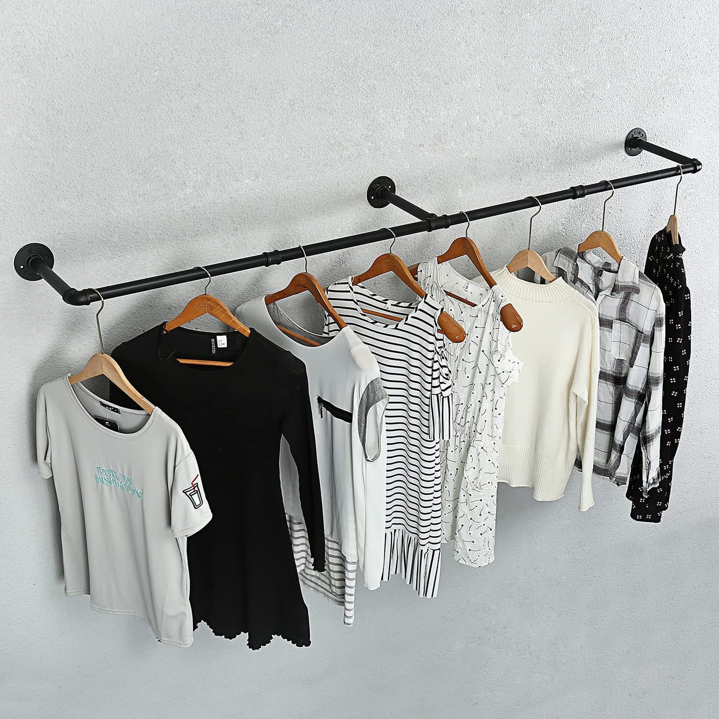 Oroonoko 72inch Industrial Pipe Clothes Rack Wall Mount For Hanging Rod Bar for Laundry Room, Closet Rod& Plant Hanger Up to Max Load 135Lb Black (72inch(1 Pack))