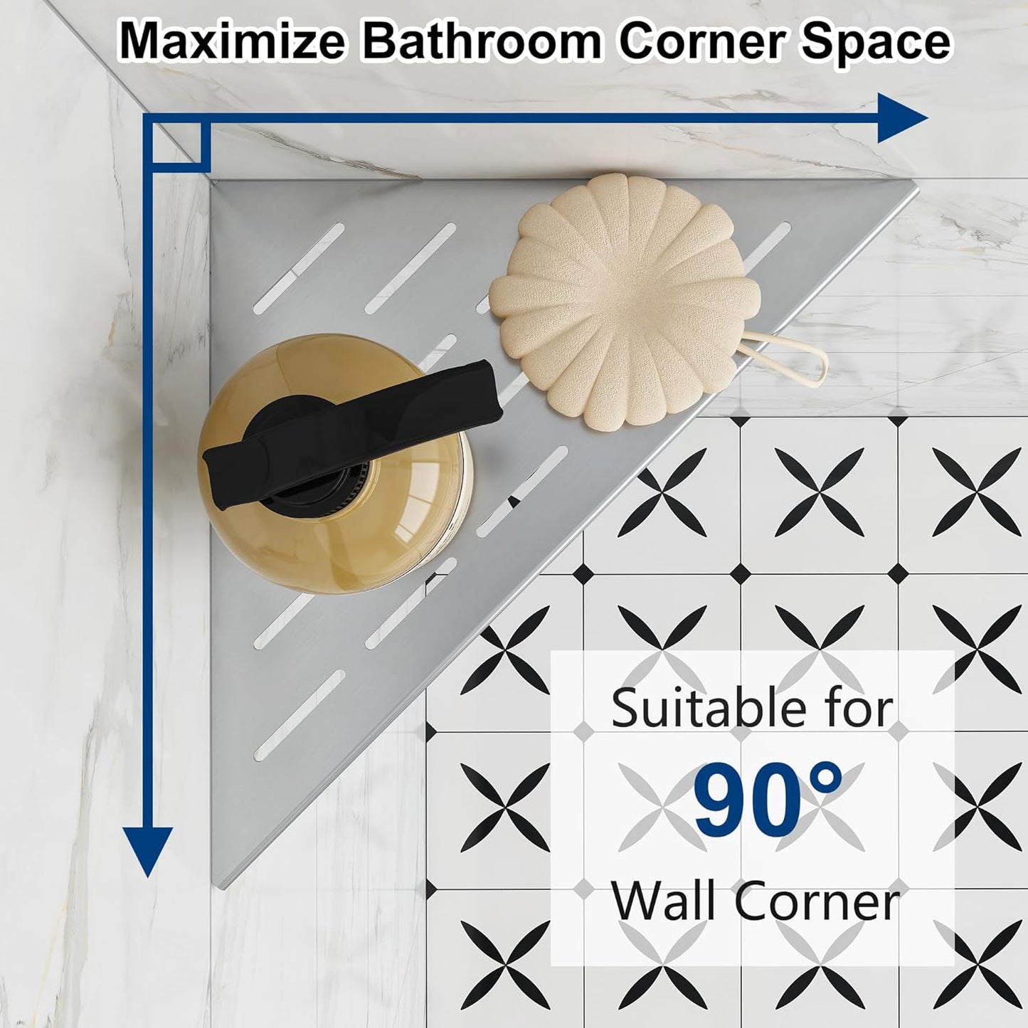 Corner Shower Shelves, 10” Recessed Tile Shower Shelf, 304 Stainless Steel Grout in Corner Tile Shower Shelves, No Drilling, Brushed Nickel, 2 Pack