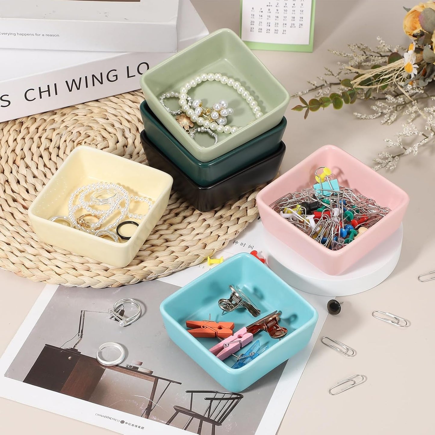 PATIKIL Square Paper Clip Holders, Ceramic Bowl Dish Clip Dispenser Organizer Desk Organizer Accessories for Office Desktop Decor Bobby Pin Binder Paper Clamp, Yellow