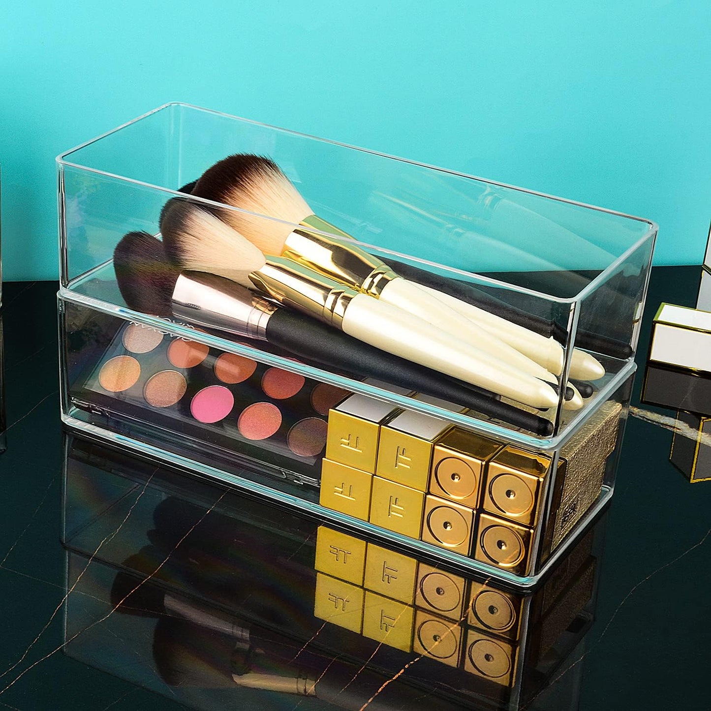 JessLab Acrylic Organizer, 2PK Cube Sections Makeup Organizer for Drawer, Makeup Organizer for Vanity, Countertop, Bathroom, Kitchen and Cabinet Storage(1+1 Compartment)