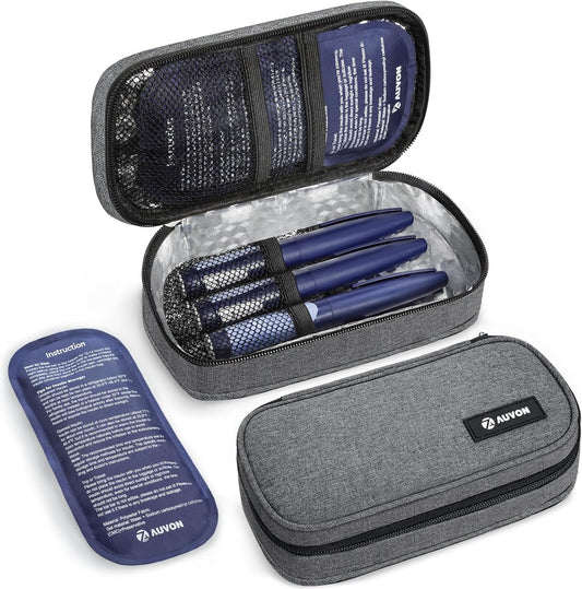 AUVON Portable Insulin Cooler Travel Case, Insulated Diabetic Bag with 2 x 160g Ice Packs for 6-8h Cooling Time, Medication Cooler Bag for Insulin Pens and Blood Glucose Monitor Supplies