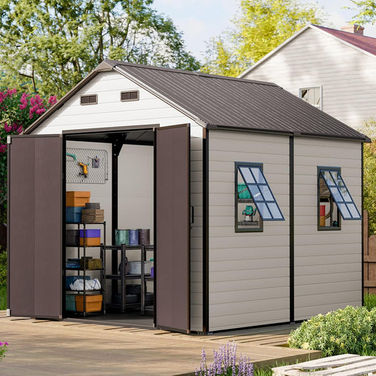 CDCASA 8x8 FT Resin Storage Shed, Waterproof Outside Plastic Storage Sheds with Floor, Adjustable Openable Windows, Lockable Door for Garden Patio Lawn, Brown & Beige