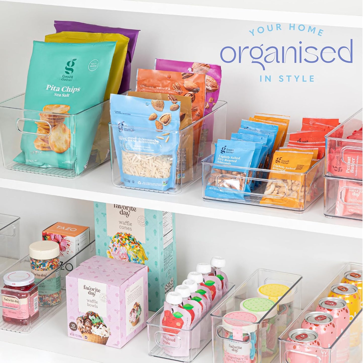 primebox Plastic Food Storage 8 Pack Clear Container Bin with Handles for Organizing Kitchen, Pantry, Fridge, Freezer, Pantry,Bathroom. 10"x6"x5"