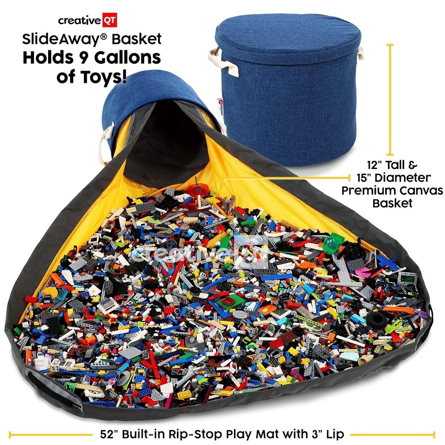 Creative QT SlideAway Toy Storage Organizer & Extra Large 52" Play Mat, Collapsible Storage Bins for Building Bricks, Small Blocks, Toys, Drawstring Cleanup for Kids Playroom & Classroom, Blue