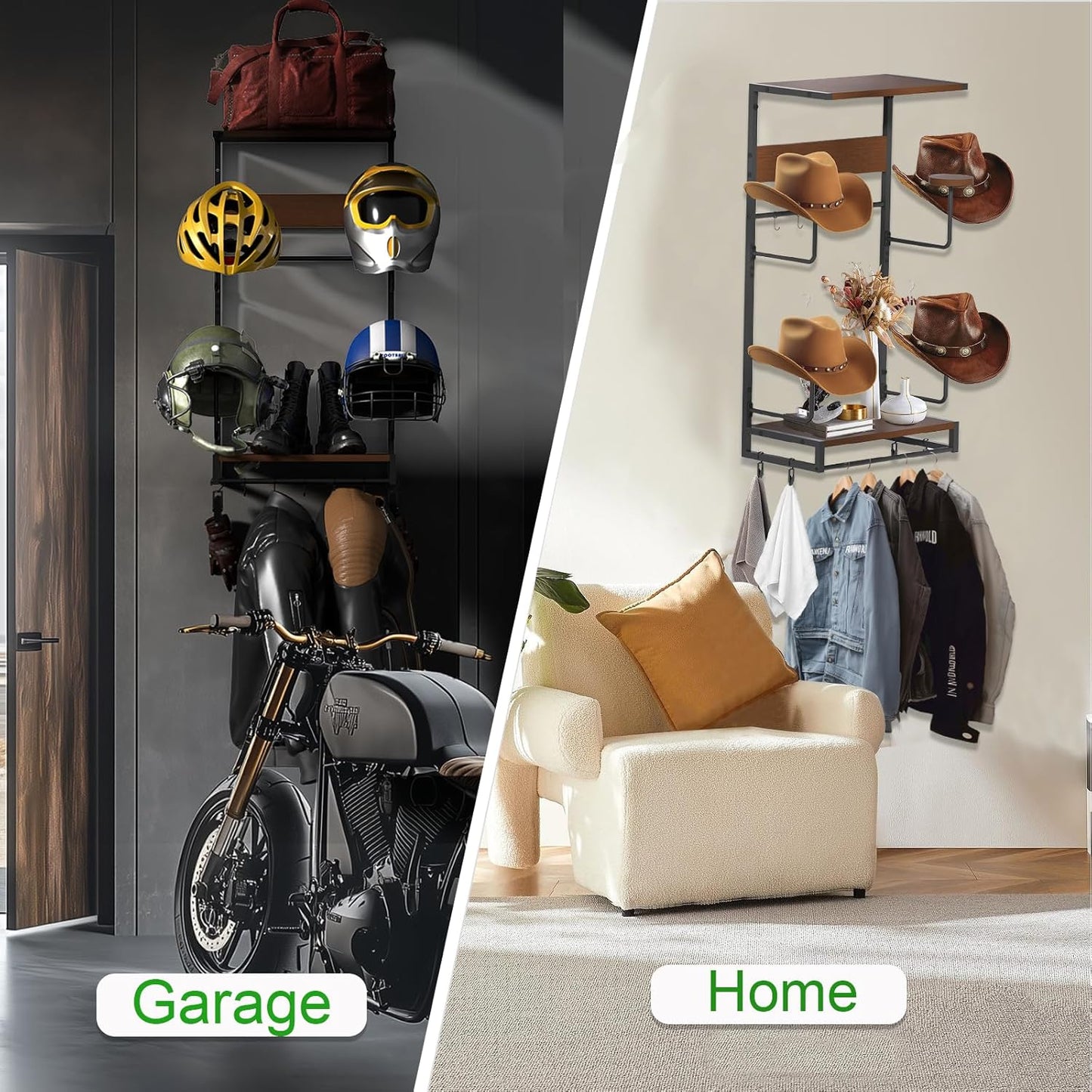 EleganceX Motorcycle Helmet Storage - Helmet Rack Wall Mount with 2 Tiers Storage Boards, 4 Hat Stands, 4 Glove Clips,5 Key Hooks Motorcycle Helmet Holder for Gear Accessories, Clothes, Gloves