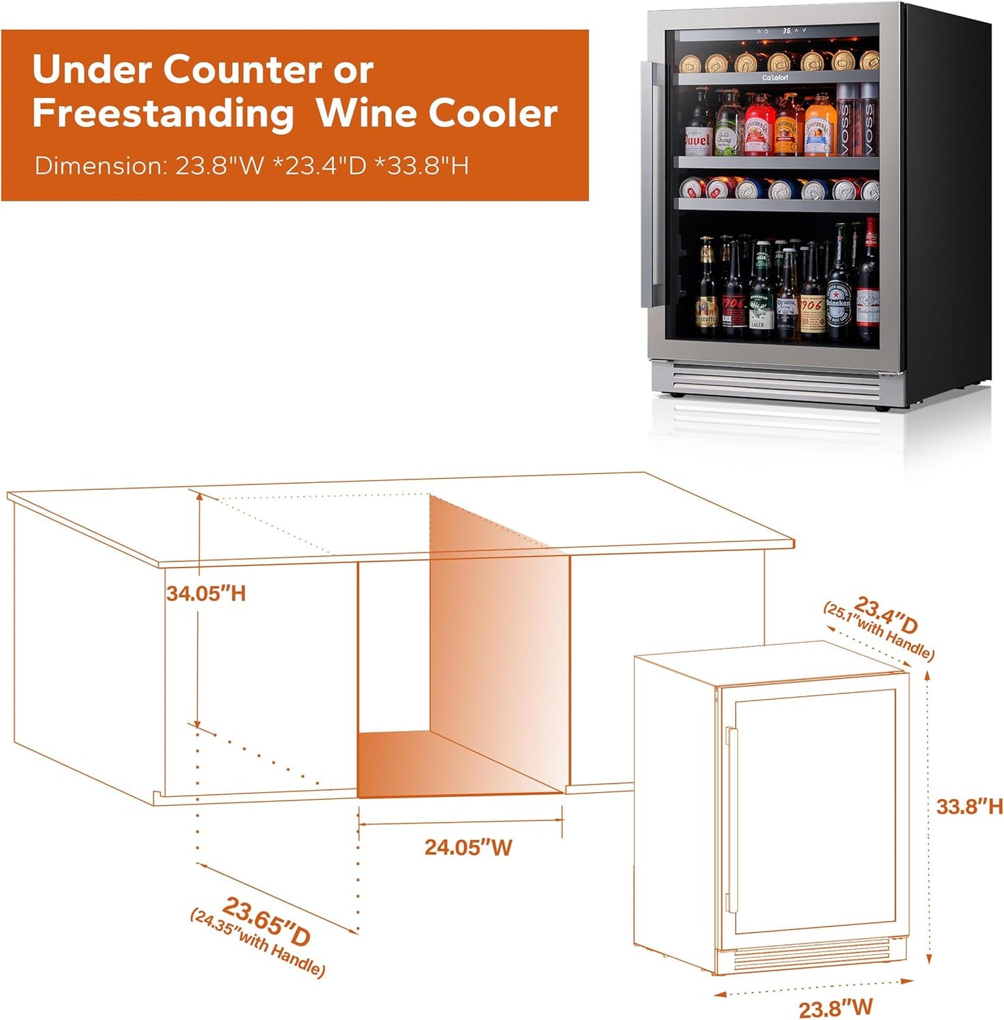 Ca'Lefort 24 Inch Beverage Refrigerator - 220 Can Beverage Fridge with 34° -54°F, Built in or Freestanding Beverage Cooler with Glass Door and 3 LED, Drink Fridge for Home/Kitchen(5.65 cu.ft)