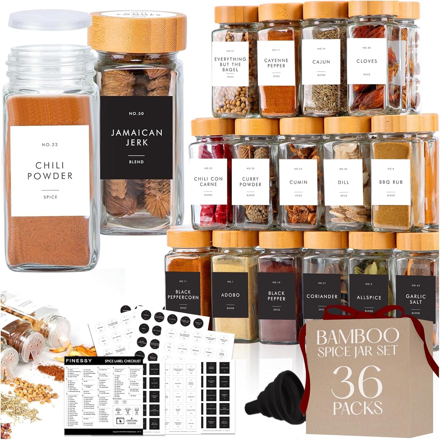Glass Spice Jars with Label with Bamboo Lids Minimalist 36 Pack Set, 4oz Clear Empty Bottles Seasoning Organizer Jars with Shaker Lids, Small Square Airtight Spice Seasoning Containers Herb Storage