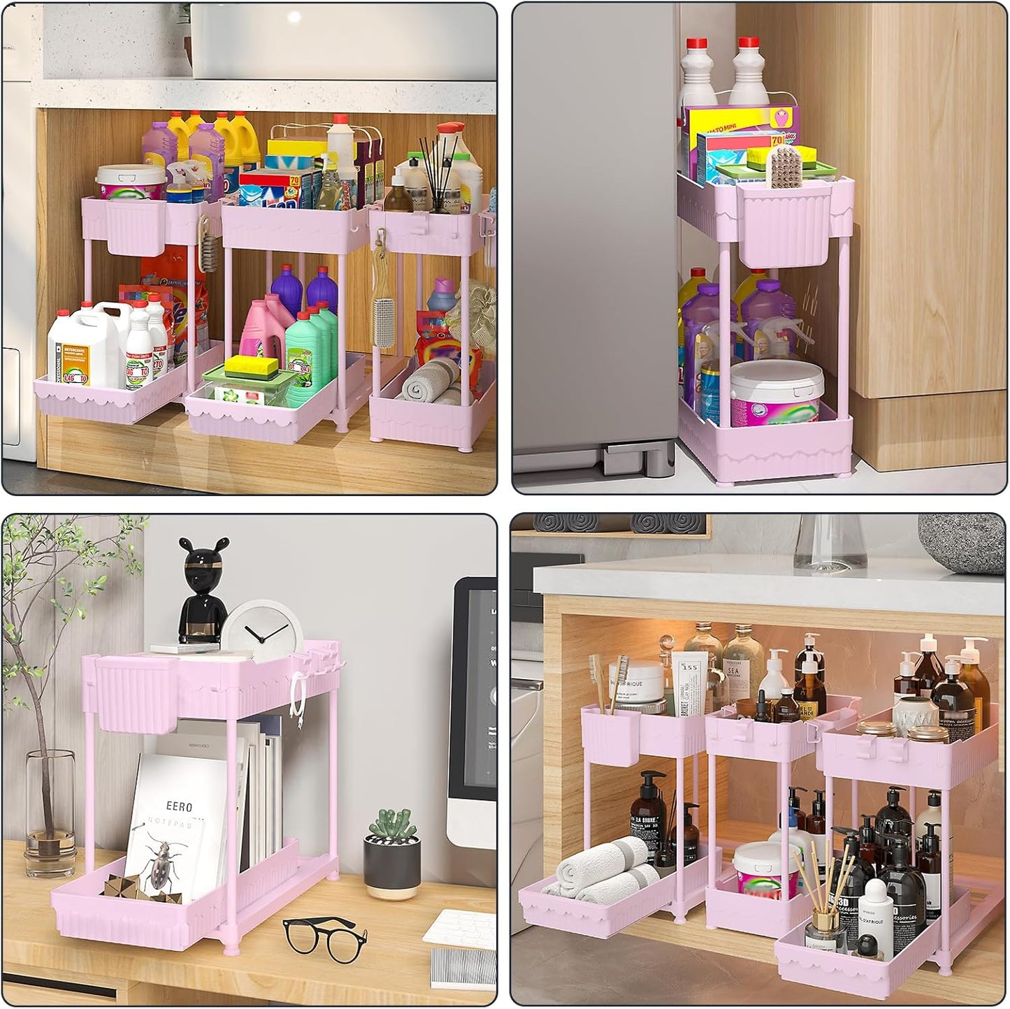 3 Pack Under Sink Organizers, 2-Tier Multi-Use Kitchen and Bathroom Organizers and Storage with Sliding Drawers，Bathroom Cabinet Organizer (Pink, 12.8 Inch)