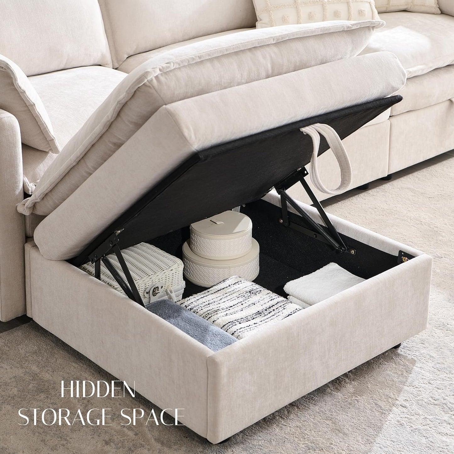 88.98" Sectional Couches for Living Room, Cloud Couch Sectional with Large Storage, U-Shape Modular Sectional Sofa with Ottoman, 5 Seater Chenille Sofa with Pillow for Apartment, Bedroom, Beige