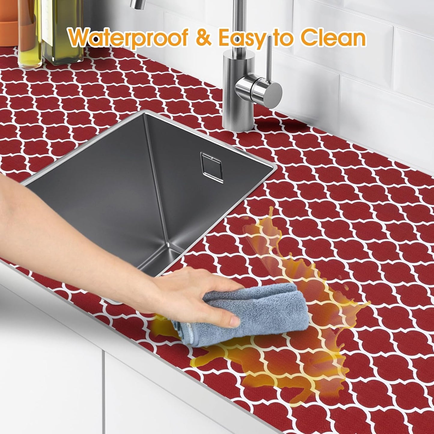 Shelf and Drawer Liner for Kitchen Cabinets Non-Adhesive, Strong Grip Non-Slip Thickened Cabinet Liners for Shelves, Waterproof Mats for Dresser Cupboard, Red/White, 17 in x 10 Feet
