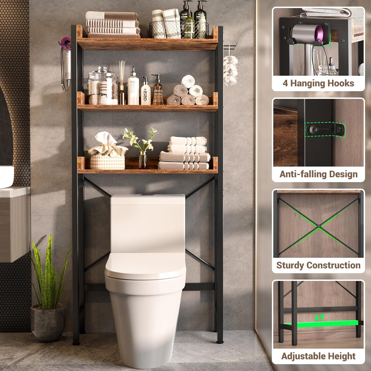 Over The Toilet Storage Rack - 3 Tier Bathroom Organizer with Shelves, Freestanding Space Saver Storage Rack Above Toilet Stand with 4 Hooks for Restroom, Laundry, Rustic Brown