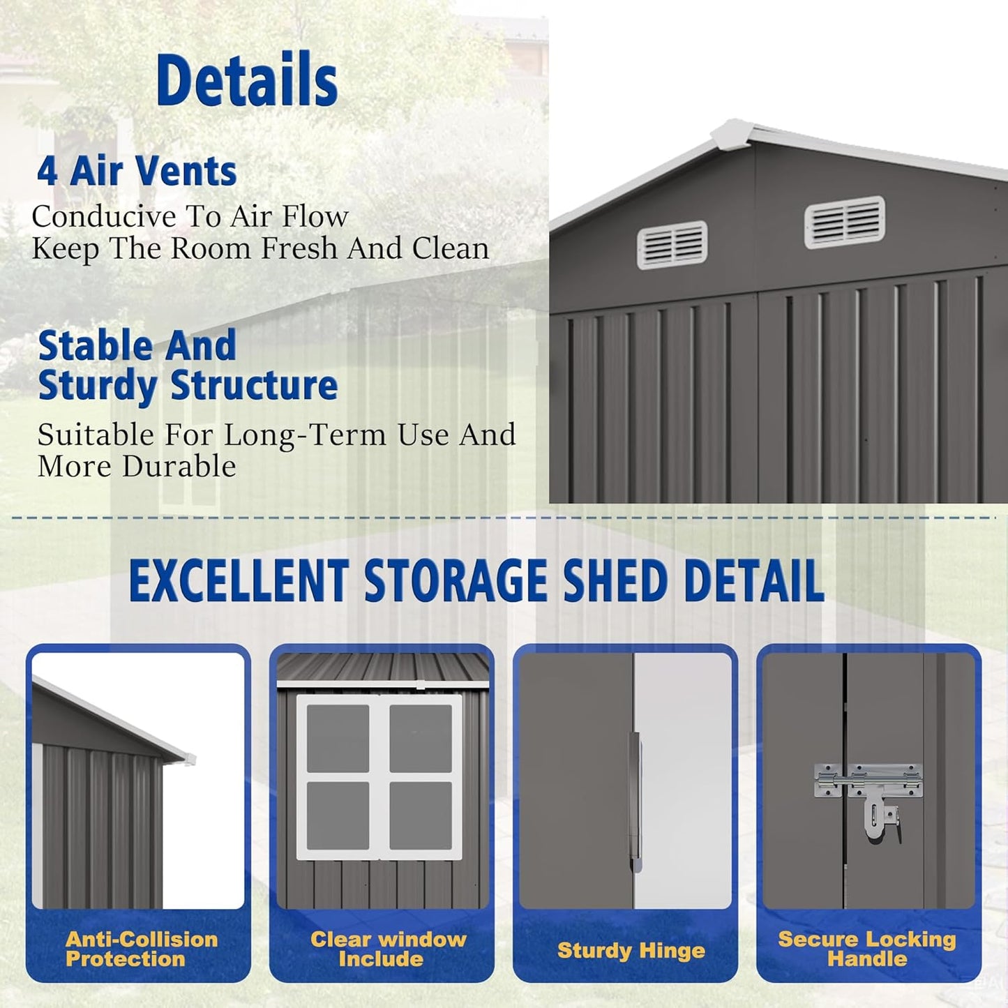 Metal Storage Shed, 10 X 8 FT Lockable Outdoor Tool Shed with Air Vent and Clear Windows, Galvanized Steel Garden Shed for Backyard, Patio, Garden, Bike Storage or Outdoor Use, Grey