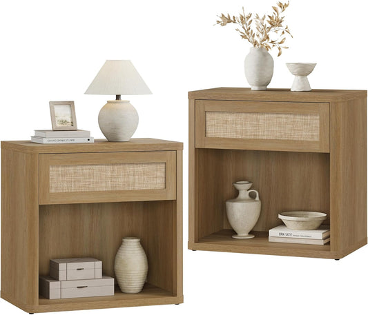 SICOTAS Night Stand Set of 2 26" Wide Large Nightstands with Drawer & Shelf Storage Rattan Bedside Table Boho End Table Tall Bed Side Tables Night Stands for Bedroom Living Room Sofa Office, Amber Oak