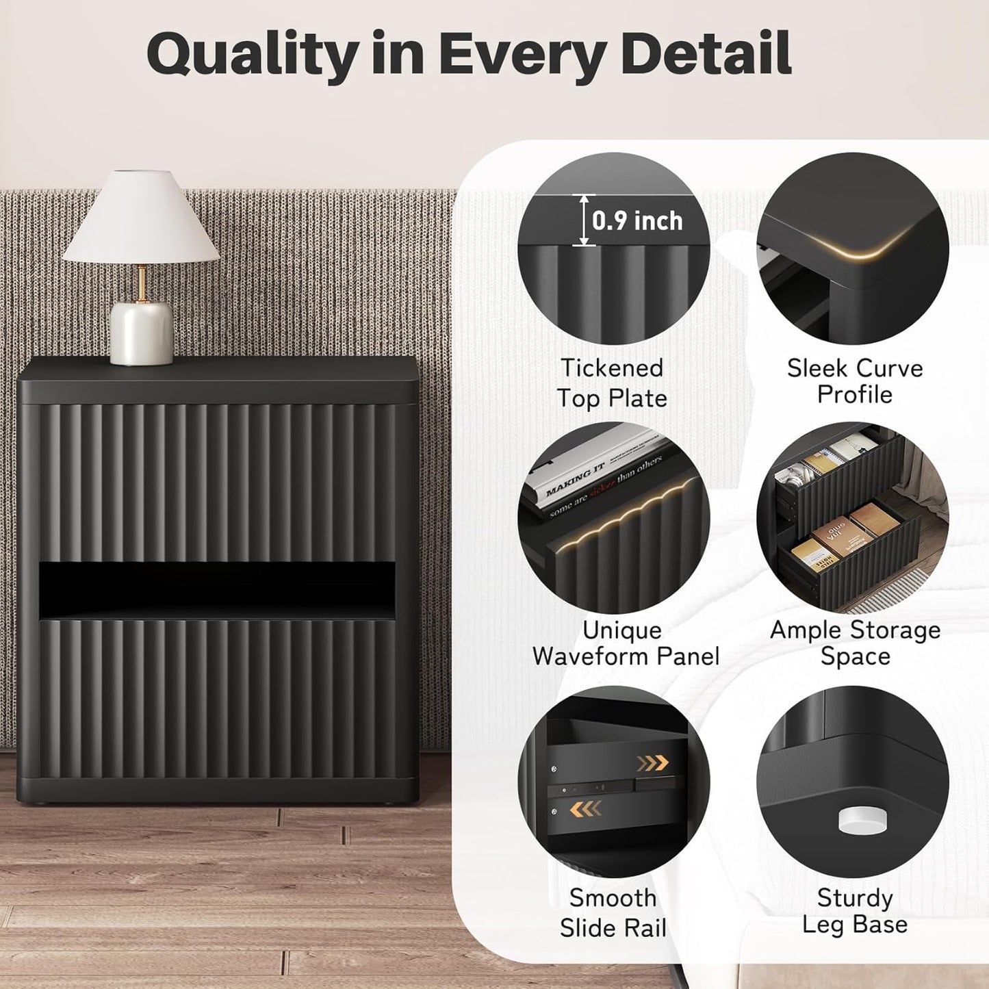 Dripex Fluted Nightstand with 2 Drawers, Large Wide Wood Night Stand Bedside Tables for Bedroom, Mid-Century Modern Storage Bed Side Table, End Tables for Living Room Sofa Couch, Black, Set of 1