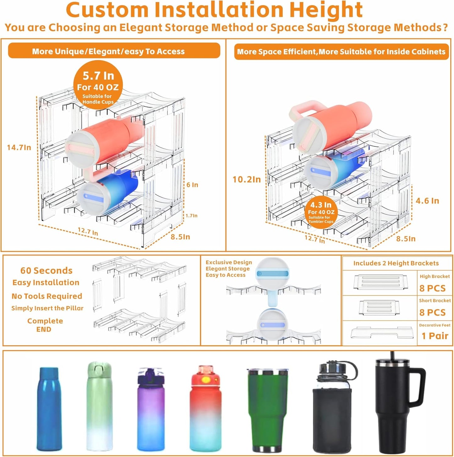 Yieach Stackable Water Bottle Organizer for Cabinet Yeti or Stanley Storage Organizers - Larger Compartment for 40 oz Stanley Cup Holder and Other Tumbler Organizers,Waterbottle Rack for Pantry,3 Tier