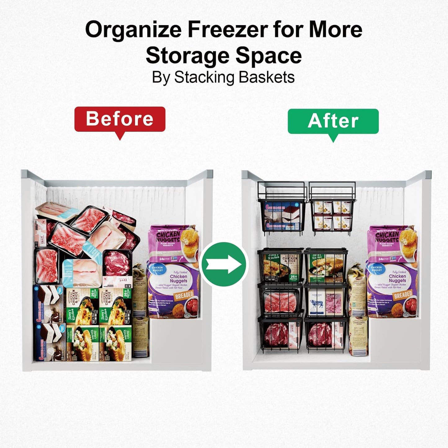 iSPECLE Freezer Organizer Bins - 15.8" to 18.1" Extendable Length Freezer Baskets for Chest Freezer for 7 Cu.Ft Deep Freezer, 2 Hanging Baskets and 4 Stackable Bins, 6 Pack Black