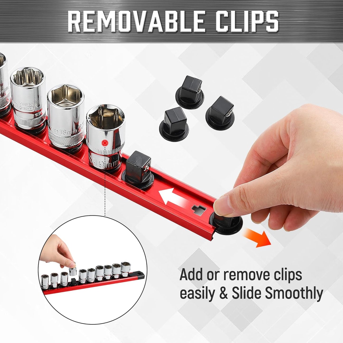 ALOANES 3-Piece Magnetic Socket Organizer, Heavy Duty Aluminum Socket Rails Organizer, 360° Swivel Clips Socket Holder Kit for Tool Box, 1/2-Inch Socket Holder x 36 Clips (Red)