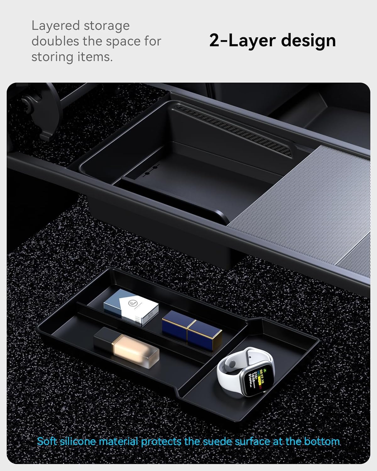 2025 Upgrade Center Console Organizer Tray for Tesla Model 3 Highland Accessories 2024 2026, Divided Storage Double Layer Space Slide smoothly - 4 PCS, Black