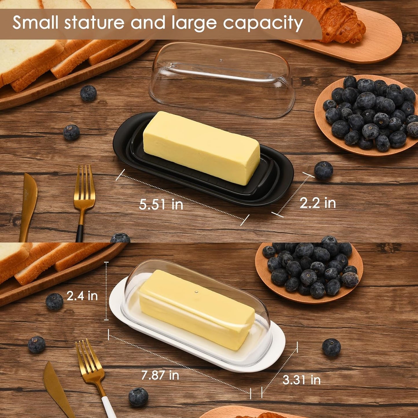 Butter Dish with Clear Lid, Butter Keeper for Countertop, Airtight Butter Dish, Plastic Butter Keeper Tray for West/ East Coast Butter, Dishwasher Safe(Black)
