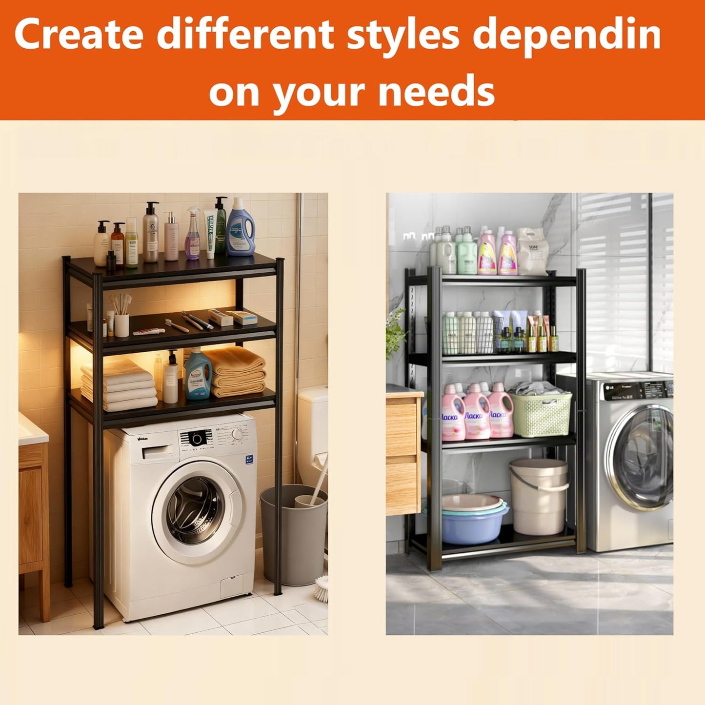 Height-Adjustable Bathroom & Laundry Storage Shelf, 3-Tier Metal Organizer Rack for Washer Dryer, Sturdy Shelving Unit for Bathroom Essentials, 63 x 35.4 x 13.8 Inches