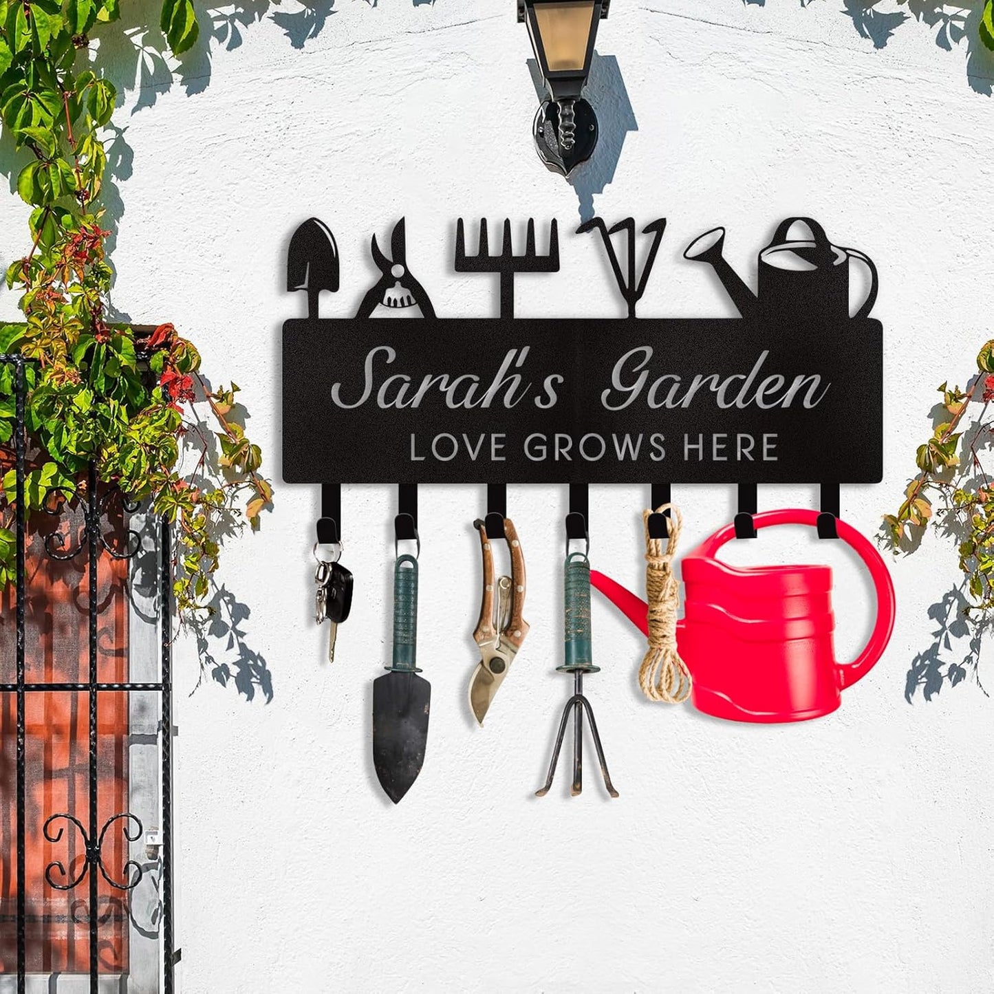Personalized Key Holder for Wall, Custom Name Wall Mounted Black Key Hanger with Horticultural Garden Design, Key Racks Organizer for Hallway Entryway Front Door Storeroom Decor