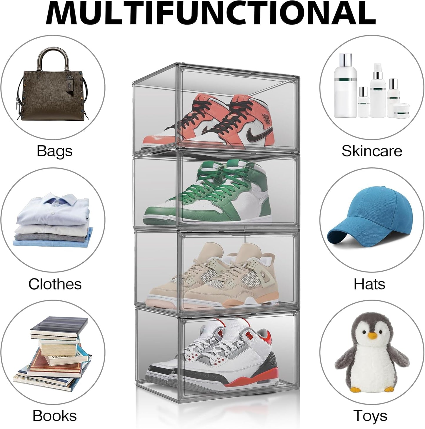 1 Pack Shoe Organizers Storage Boxes for Closet Size 12.5 Shoe Box Clear Stackable Storage Bins with Lids, Under Bed Shoe Containers for Entryway, Grey