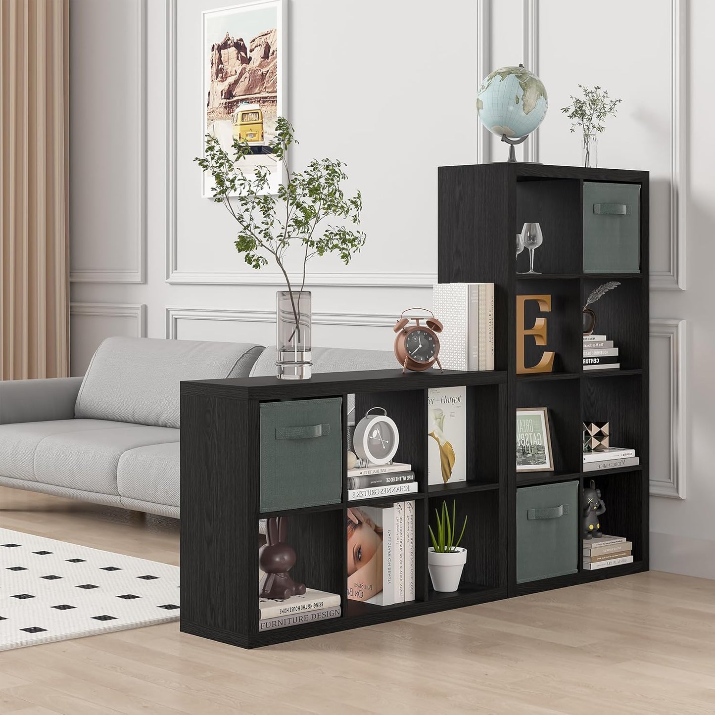 Bookshelf with Storage Bin, 6-Cube Storage Organizer, Modern Wood Open Bookcase, Multifunctional Display Shelf for Living Room, Bedroom, Home Office, Black