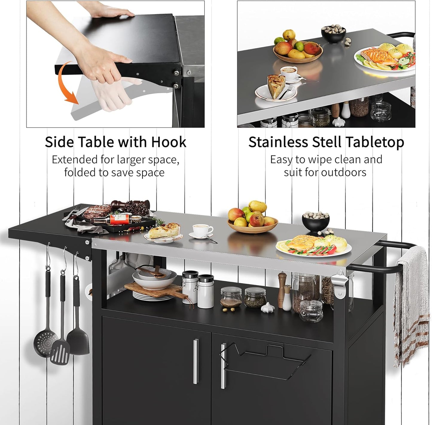 Shintenchi Outdoor Grill Cart Table with Stainless Steel Top for Kitchen Prep and BBQ, Outdoor Kitchen Island Table with Side Handle, Multifunctional Outdoor Grill Table, Black