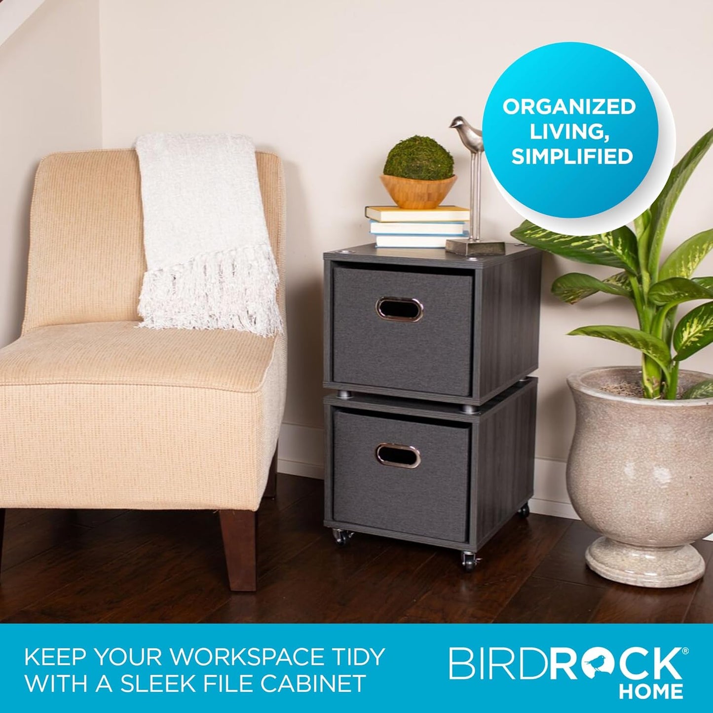 BIRDROCK HOME Rolling File Cabinet – Decorative Storage Shelf w/Removable Bins, Handles, and Wheels – Organize Files, Books, Toys, Under Desk Office Solution, Modern Design - 2 Lateral Drawers, Gray