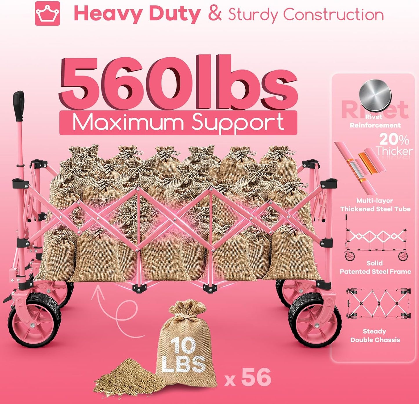 48" L Collapsible Beach Wagon Cart Foldable, 560LB Weight Capacity 300L Heavy Duty Folding Wagons with Big All-Terrain Wheels, Utility Carts for Groceries, Shopping, Camping, Sports - Pink