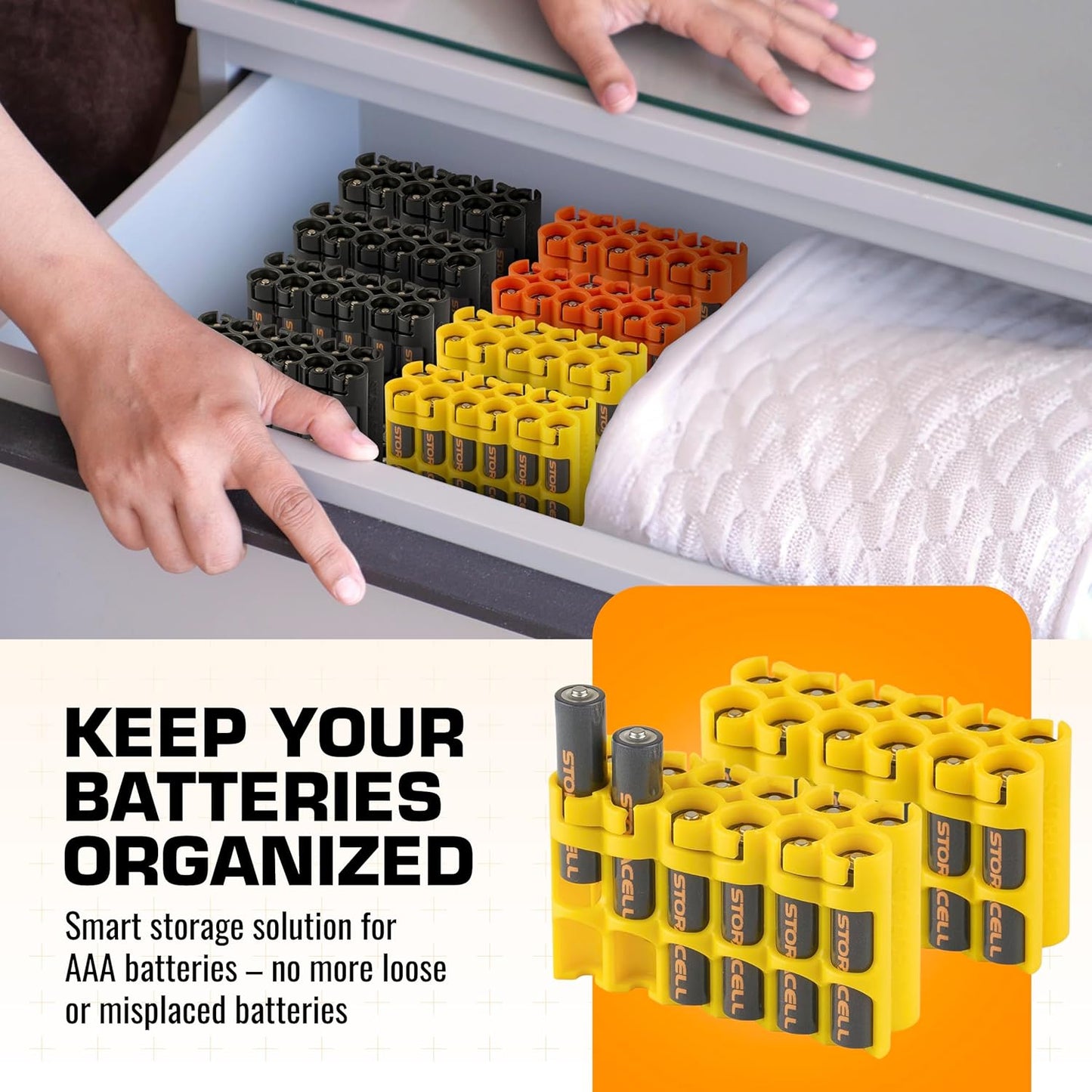 Storacell AAA-12 Battery Storage Caddy and Dispenser (Pack of 2), Yellow, Holds 12 AAA Batteries (Not Included), Durable & Compact Design, The Original Battery Caddy, Made in The USA