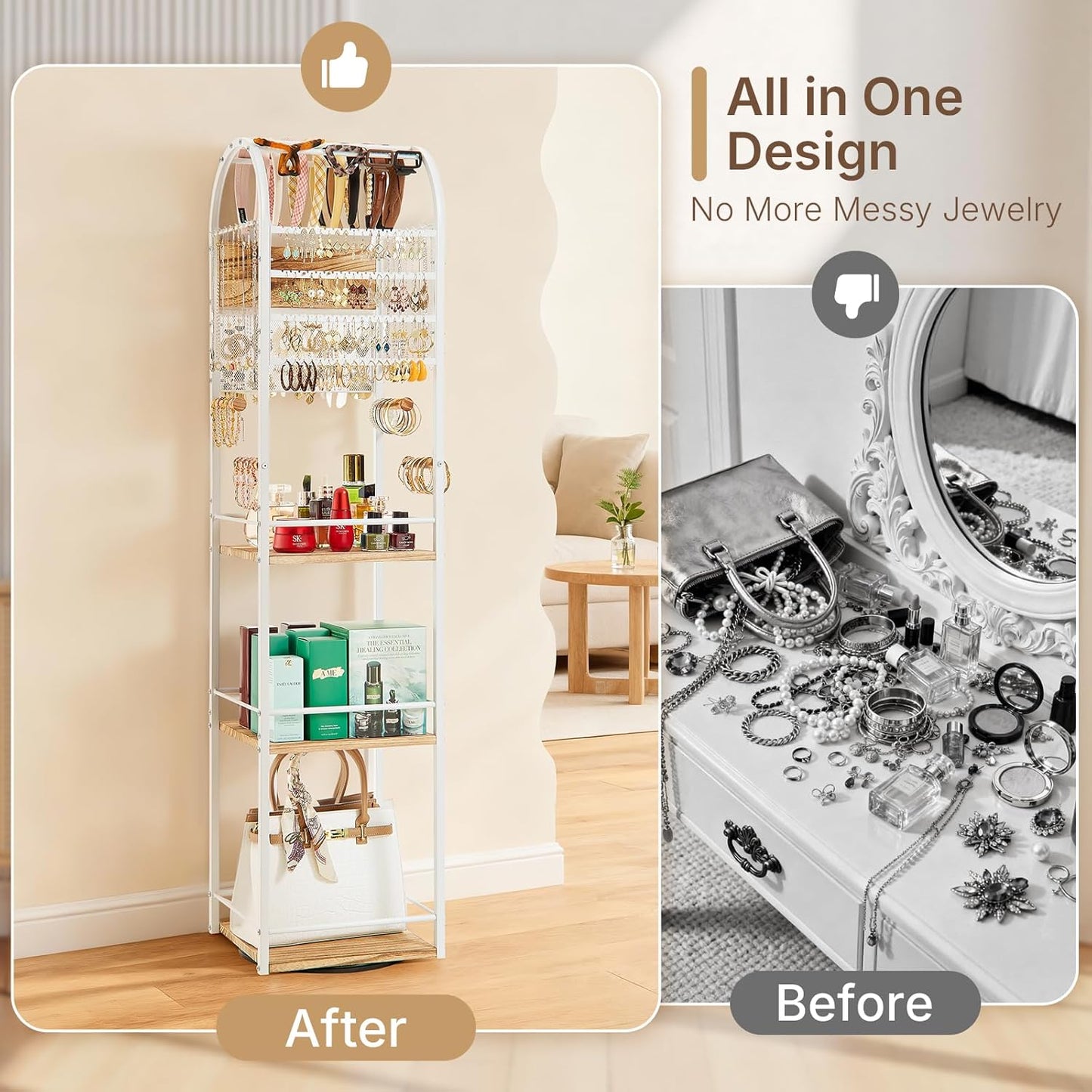 Jewelry Organizer Stand, 360° Rotating Floor Jewelry Holder with Earring Organizer Necklace Holder, 3 Floors Large Jewelry Stand Bracelet Ring Organizer, Women Jewelry Tree Organizer
